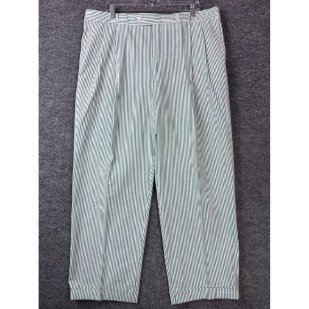 Berle Pants Mens 38x28 Green White Seersucker Striped Pleated Cuffed Preppy